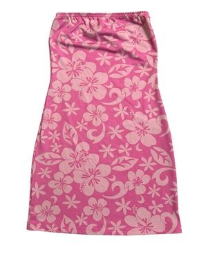 Y2K Vintage Miken Clothing Hawaiian Pink Hibiscus Bodycon Tube Mini Dress